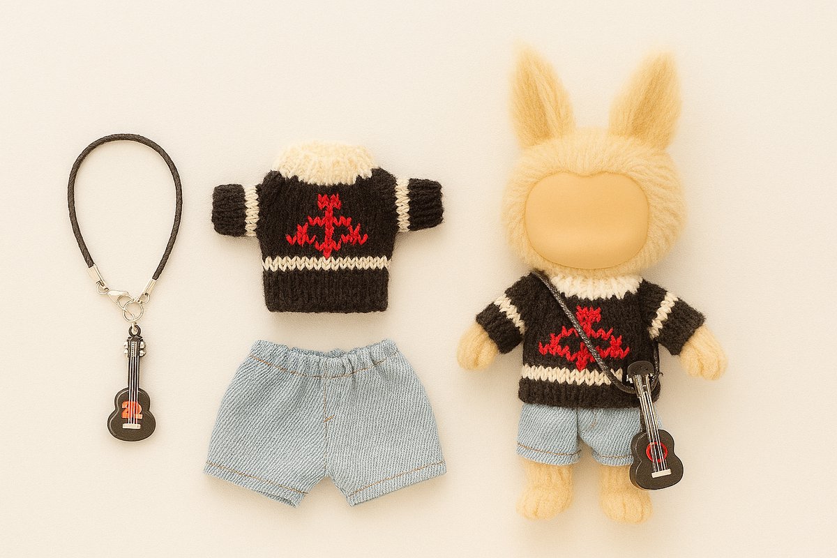 Kledingset geschikt voor Labubu – gebreide trui met rood motief, jeans short en gitaar tasje – voor 15-17 cm Labubu poppen | Labubu Kleding | Labubu Kleren